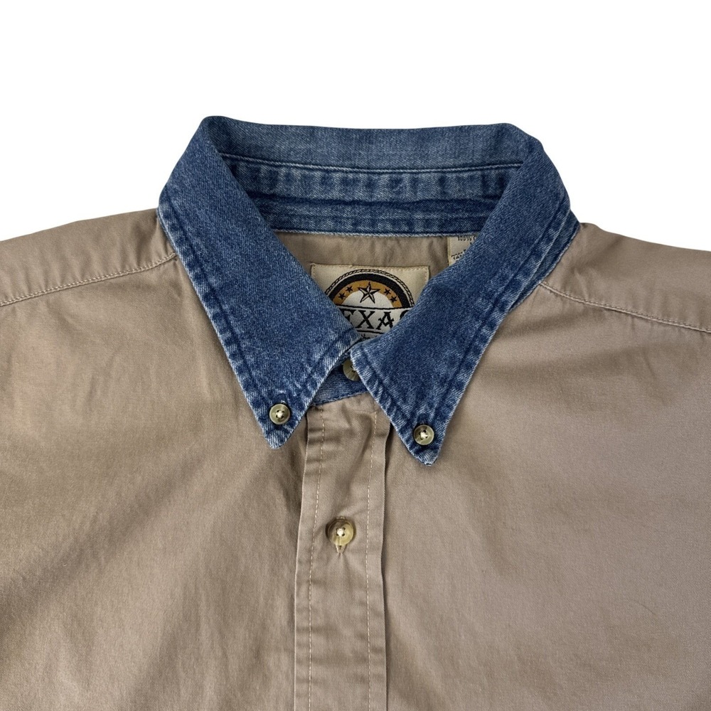 Texas Authentic Button Down Shirt Men XL Tan Denim Collar Short Sleeve Cotton